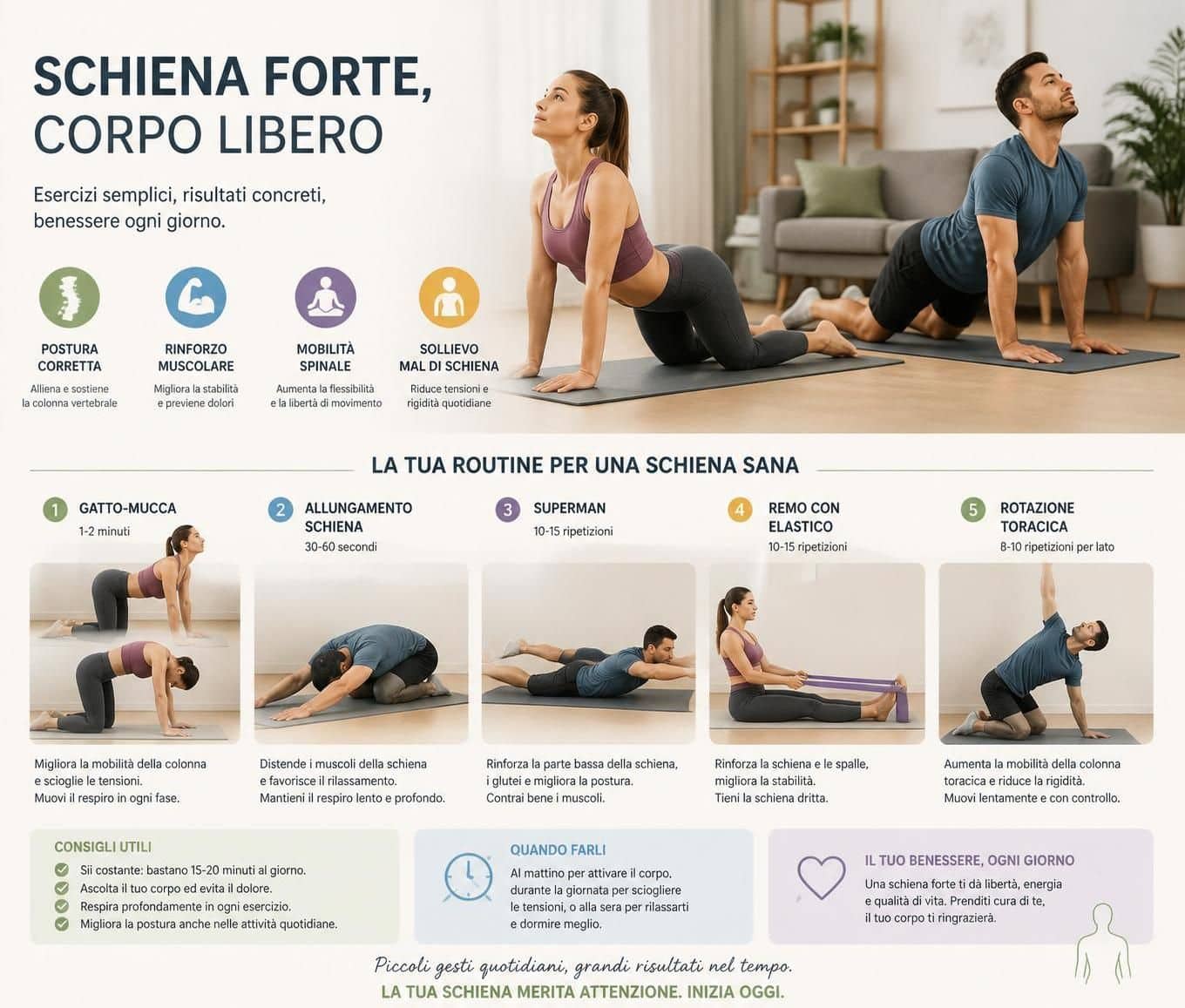 scopri i migliori esercizi da fare a casa per alleviare il mal di schiena, migliorare la postura e rafforzare la schiena in modo semplice e sicuro.