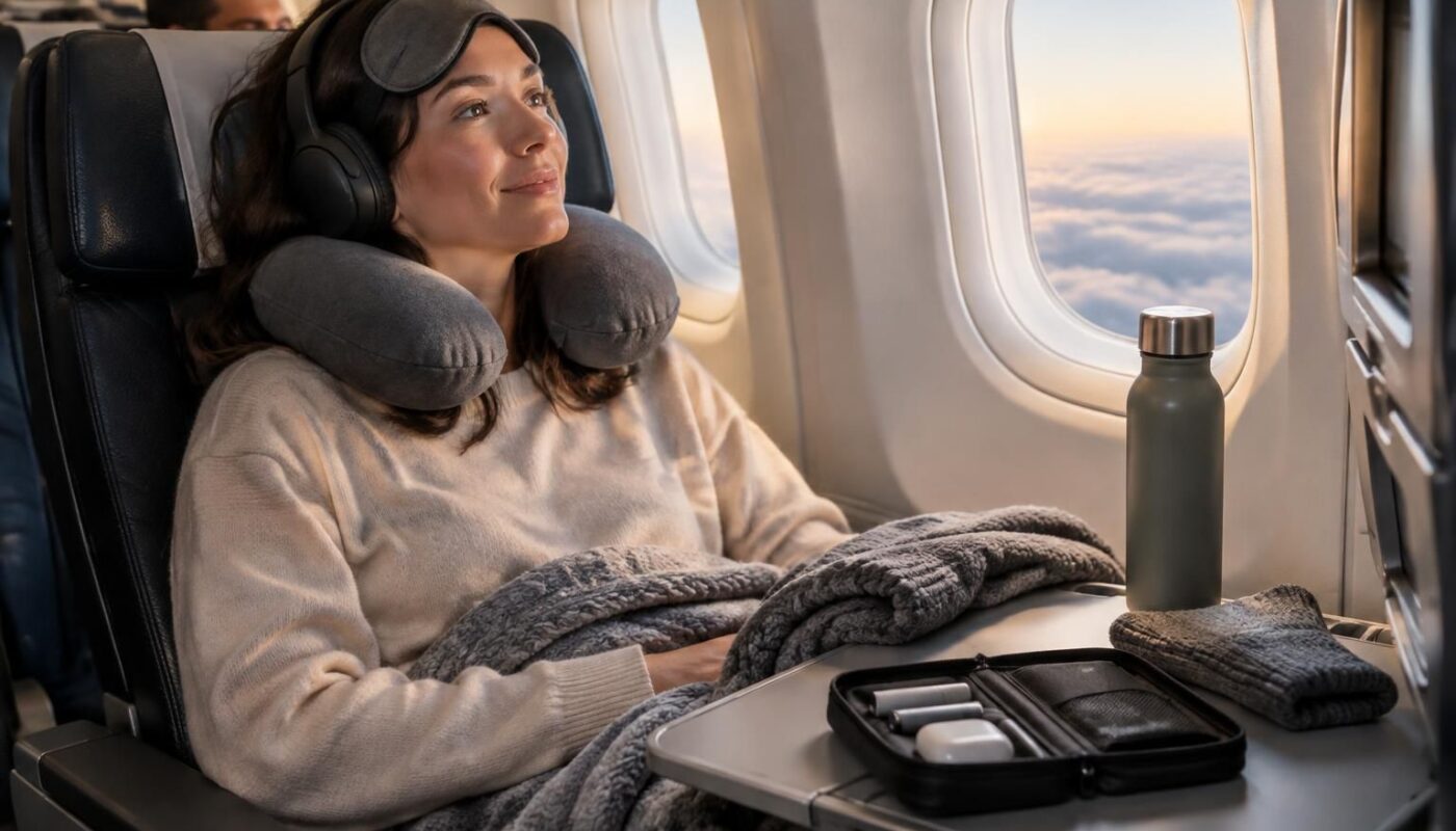 scopri quali accessori da viaggio scegliere per volare più comodi: cuscino da collo, mascherina, tappi per le orecchie e pratici organizer.